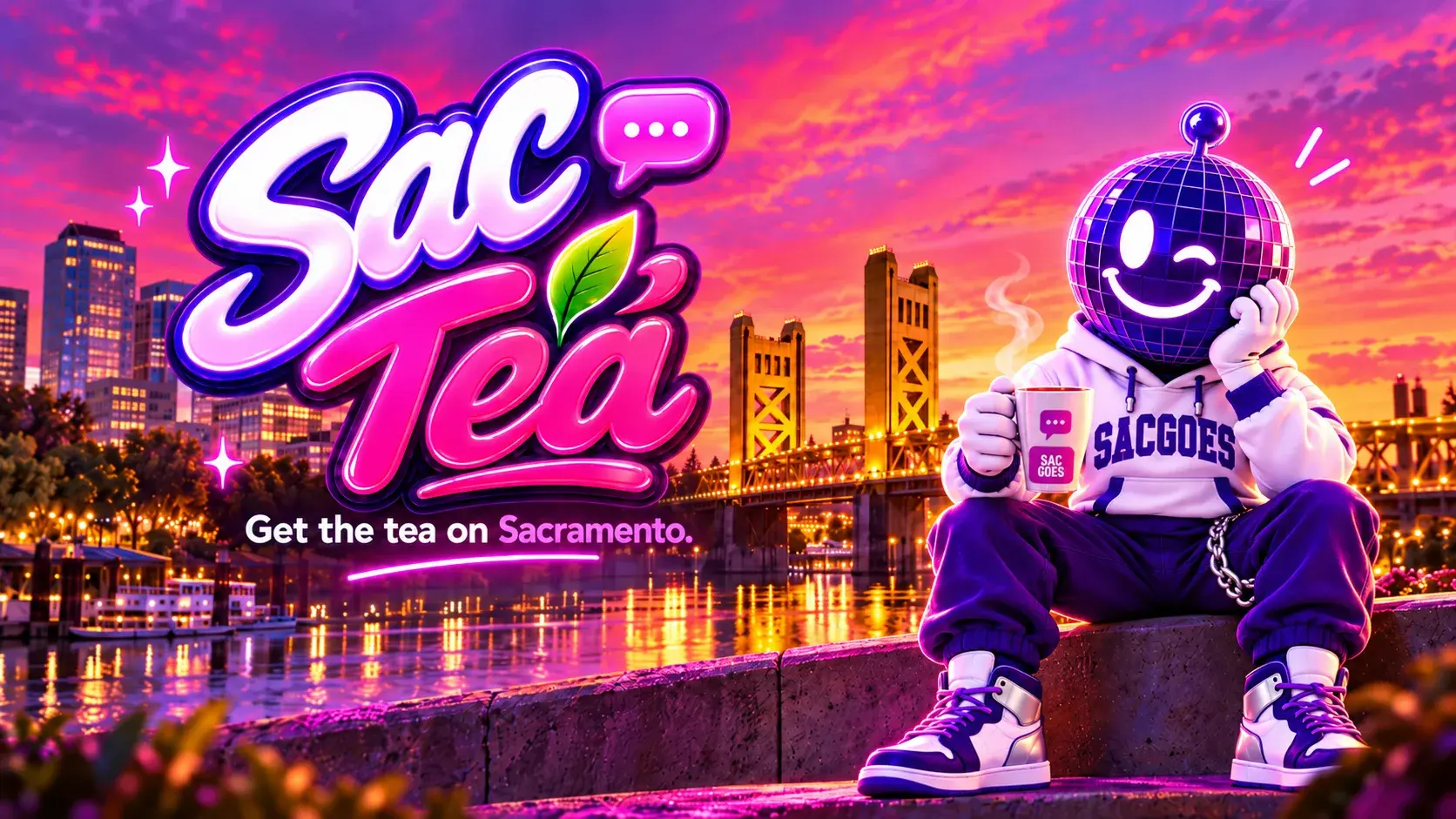 Sac Tea: get the tea on Sacramento. The Sac Goes mascot with a mug of tea on the riverfront at sunset.